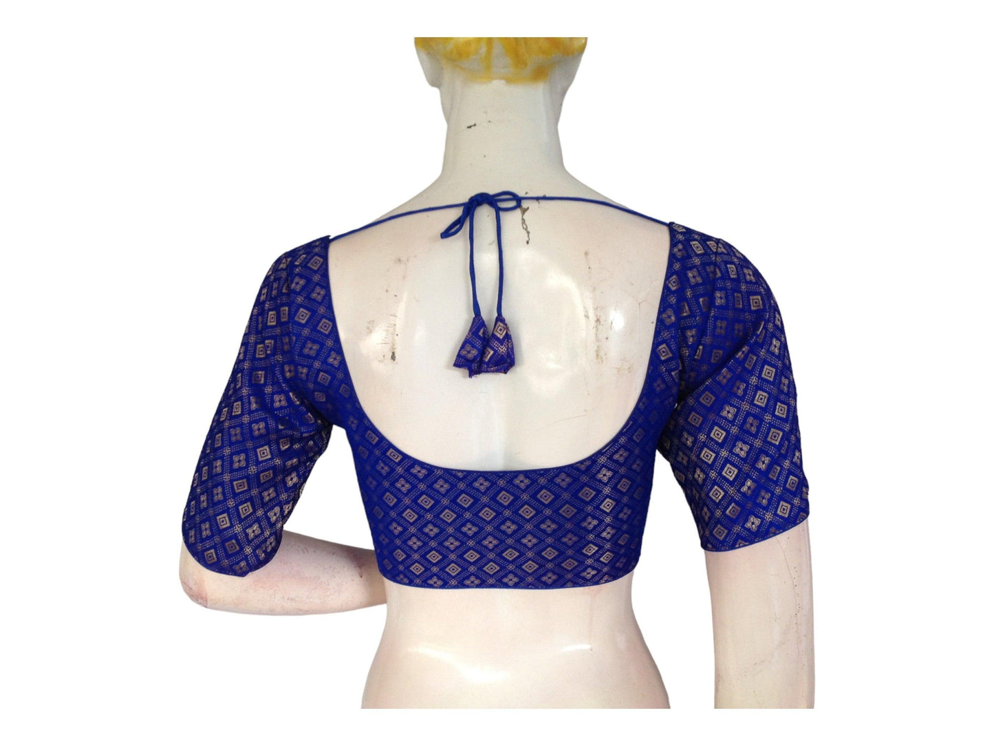 Blue Color Boat neck Brocade Readymade Saree Blouse, Indian Ethnic Blouse - D3blouses