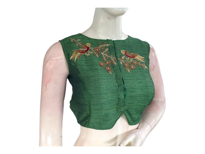 Green Color Semi Silk Designer Embroidery Croptop Boat Neck Blouse
