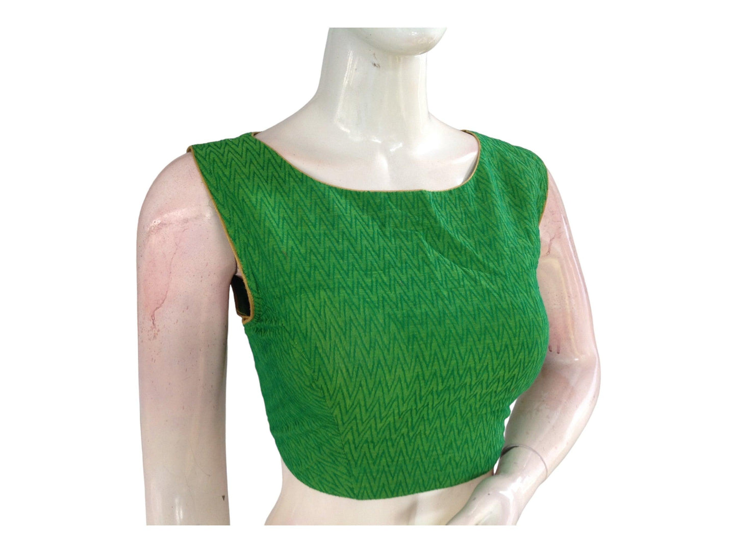 Green Color Cotton Readymade Saree Blouse With Matching Mask