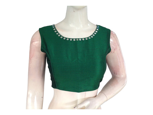 Green Color Semi silk Boat Neck Readymade Saree blouse