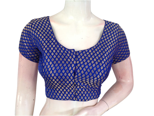 Royal Blue Brocade Silk Short Sleeve Readymade Saree Blouse