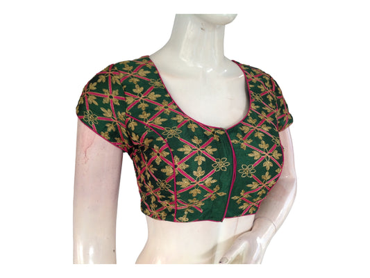 Green Color Semi Silk Designer Embroidery Readymade Saree Blouse