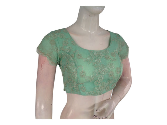 Pista Green Color Color Designer Embroidery Netted Readymade Saree Blouse