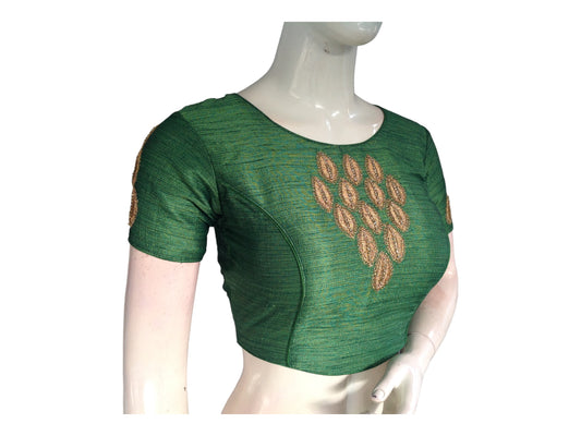 Green Color Semi Silk Designer Embroidery Croptop Blouse