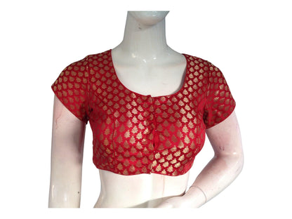 Red Color  Readymade Saree Blouse With Border Sleeves, Indian Banaras Brocade Blouse