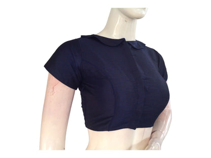 Navy Blue Semi Silk Plain PeterPan Collar Readymade saree blouse