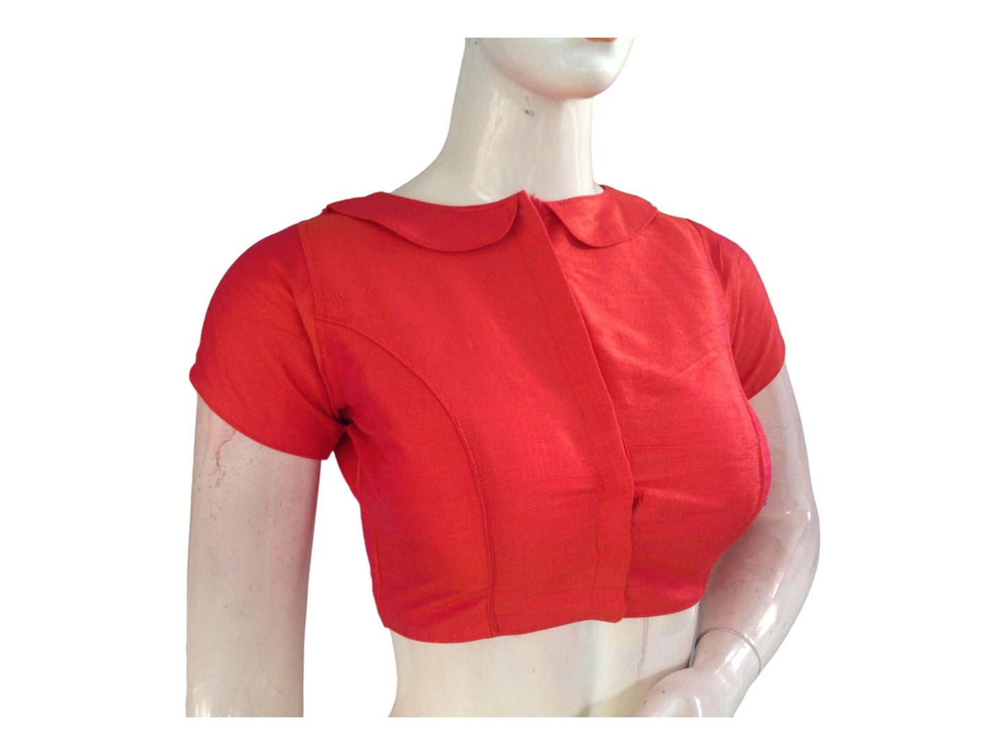 Peach Orange Color Semi Silk Plain PeterPan Collar Readymade saree blouse - D3blouses