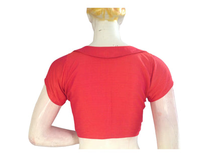 Peach Orange Color Semi Silk Plain PeterPan Collar Readymade saree blouse - D3blouses