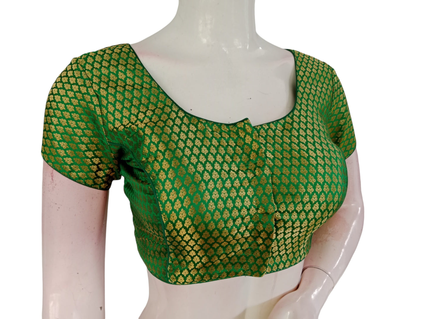 Emerald Elegance: Brocade Silk Short Sleeve Saree Blouse