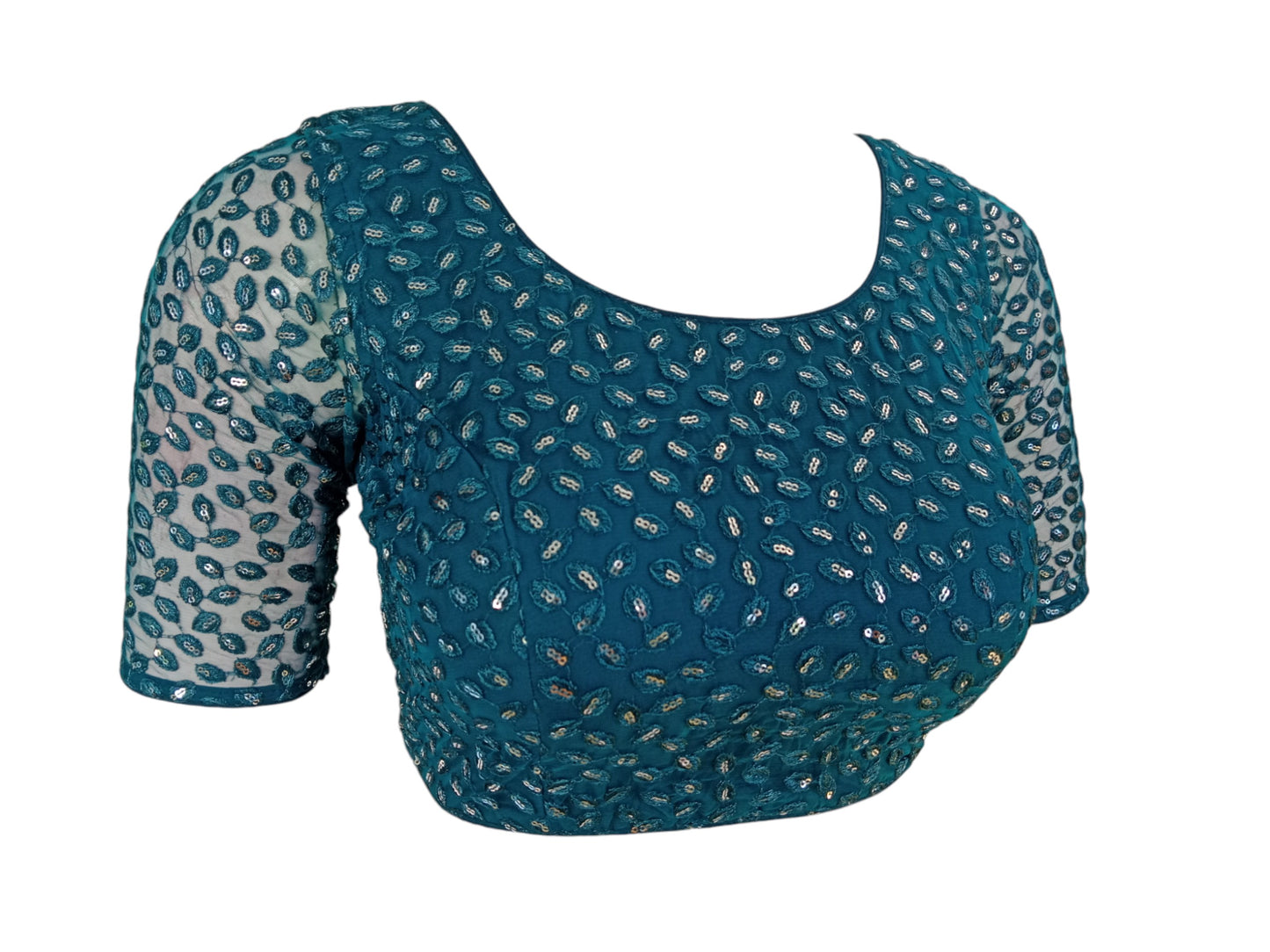 Teal Blue Embroidered Netted Saree Readymade Blouse