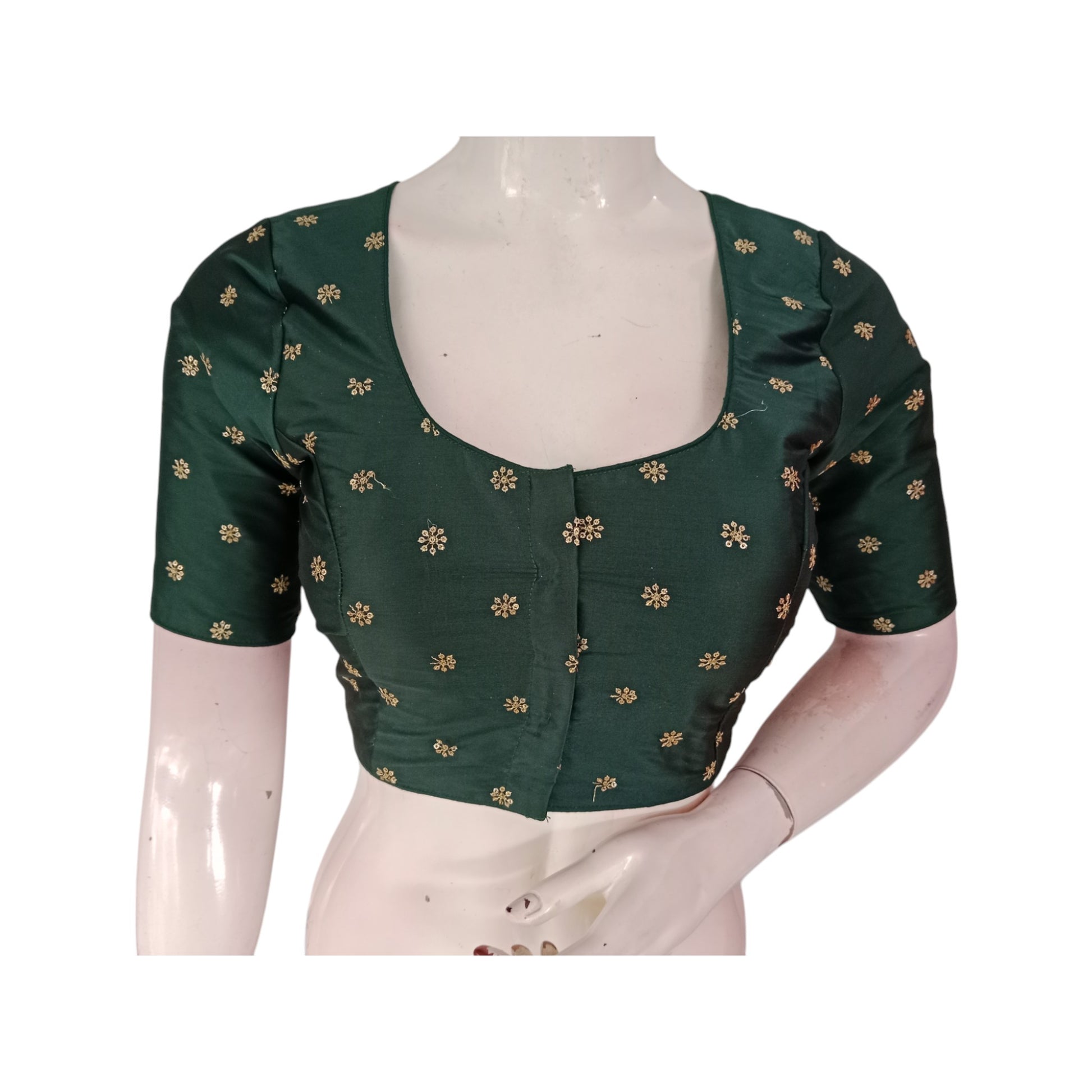 Forest Green Elegance: Dark Green Semi-Silk Blouse with Intricate Embroidery