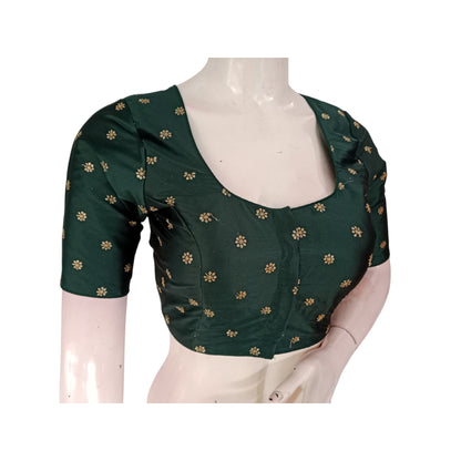 Forest Green Elegance: Dark Green Semi-Silk Blouse with Intricate Embroidery
