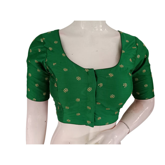 Fresh and Vibrant: Green Semi-Silk Blouse with Delicate Embroidery