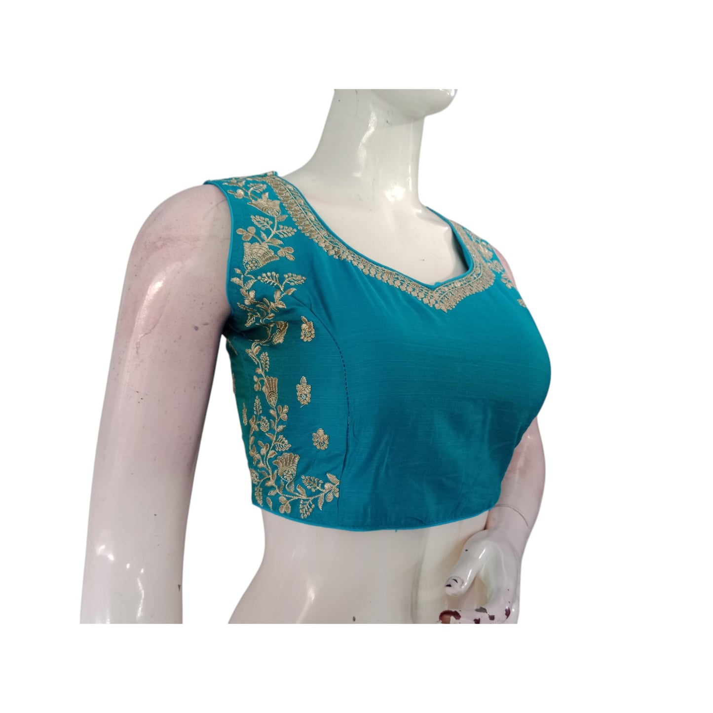 Oceanic Elegance: Dark Teal Partywear Embroidered Readymade Saree Blouses