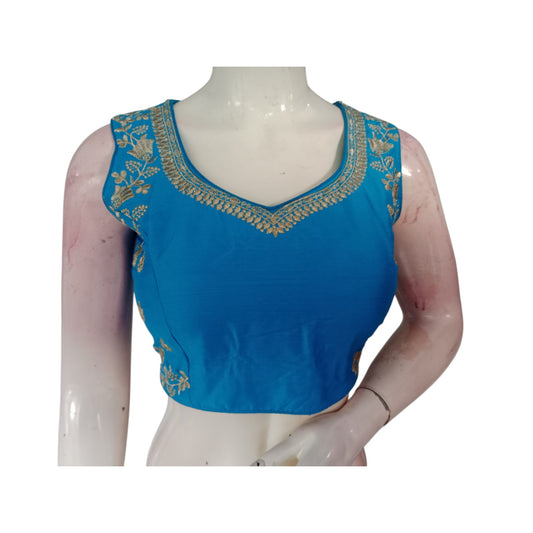 Azure Elegance: Serene Blue Embroidered Designer Readymade Saree Blouses
