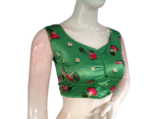 Green Color Floral Satin Printed Designer Readymade Saree Blouse