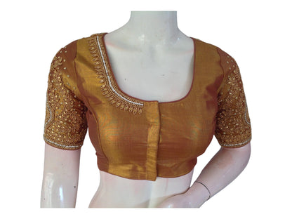 Luxurious Dark Gold Tissue Silk Aari Handwork Traditional Wedding Blouse