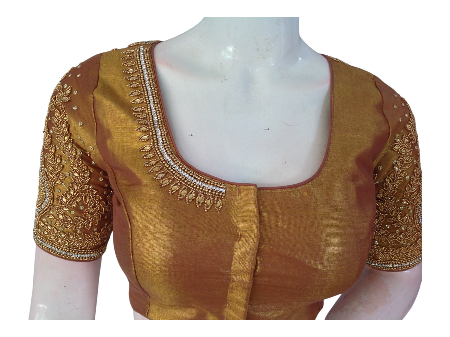 Luxurious Dark Gold Tissue Silk Aari Handwork Traditional Wedding Blouse