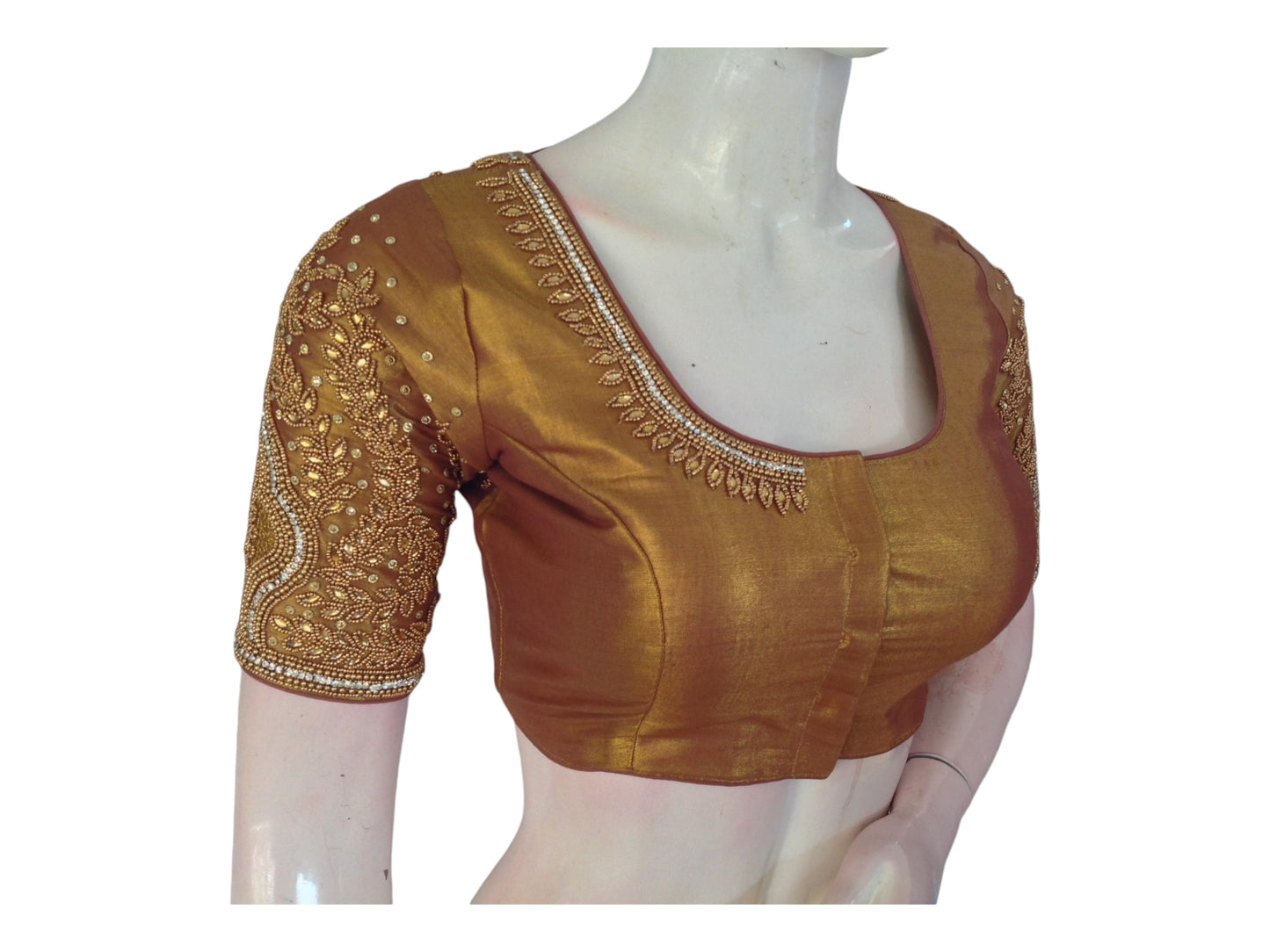 Luxurious Dark Gold Tissue Silk Aari Handwork Traditional Wedding Blouse