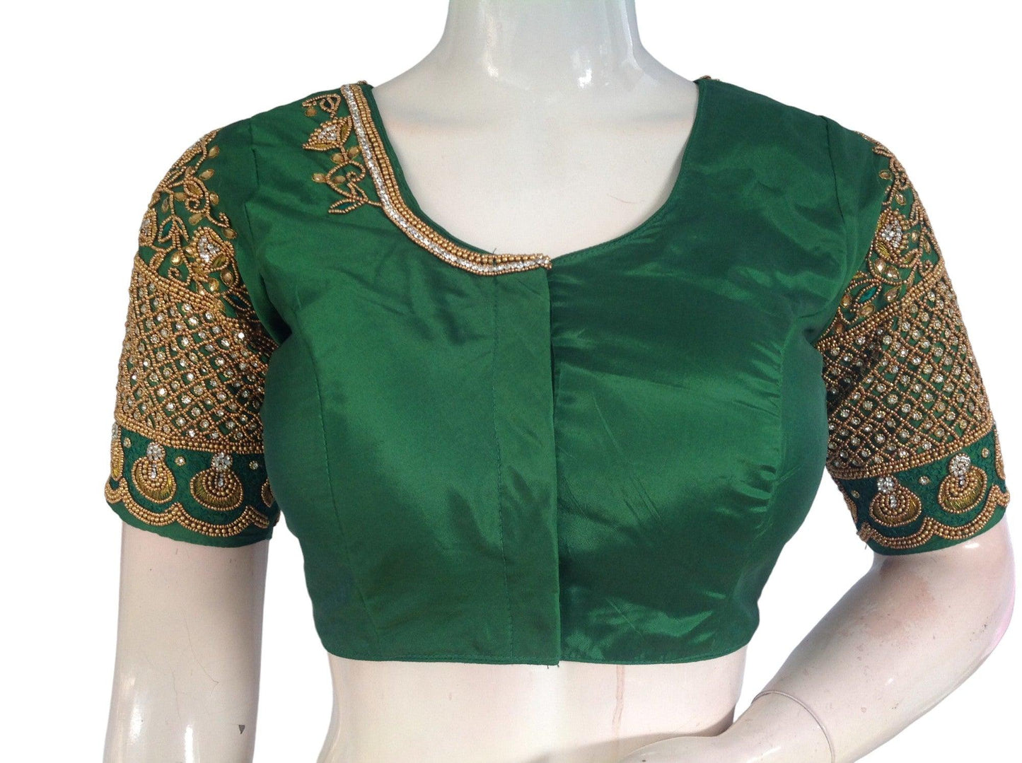 Exquisite Bridal Handwork Green Saree Blouse, Ethnic Indian Wedding Choli Top
