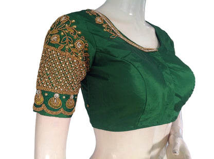 Exquisite Bridal Handwork Green Saree Blouse, Ethnic Indian Wedding Choli Top