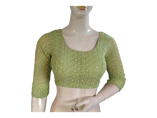 Pastel Green Color Chikankari Embroided Readymade Saree Blouse