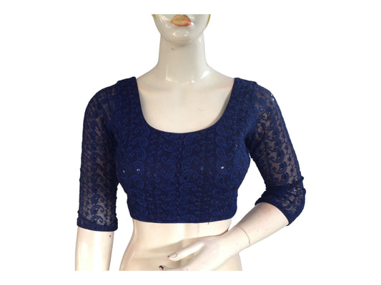 Navy Blue Color Chikankari Embroided Readymade Saree Blouse