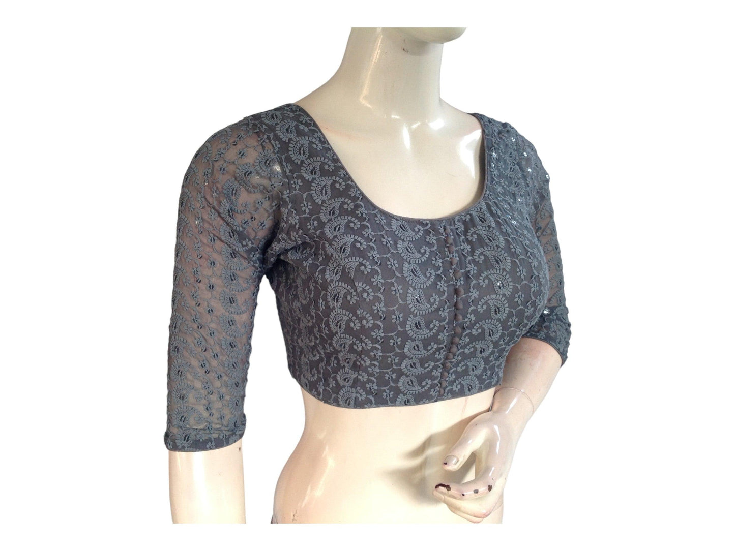 Grey Color Chikankari Embroided Readymade Saree Blouse - D3blouses