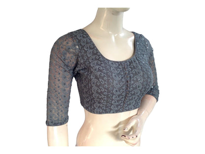 Grey Color Chikankari Embroided Readymade Saree Blouse