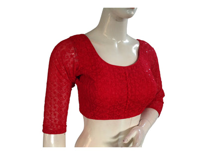 Red Color Chikankari Embroided Readymade Saree Blouse