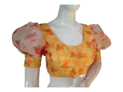 Yellow Color Designer Organza Balloon Sleeves Readymade Saree Blouse - D3blouses