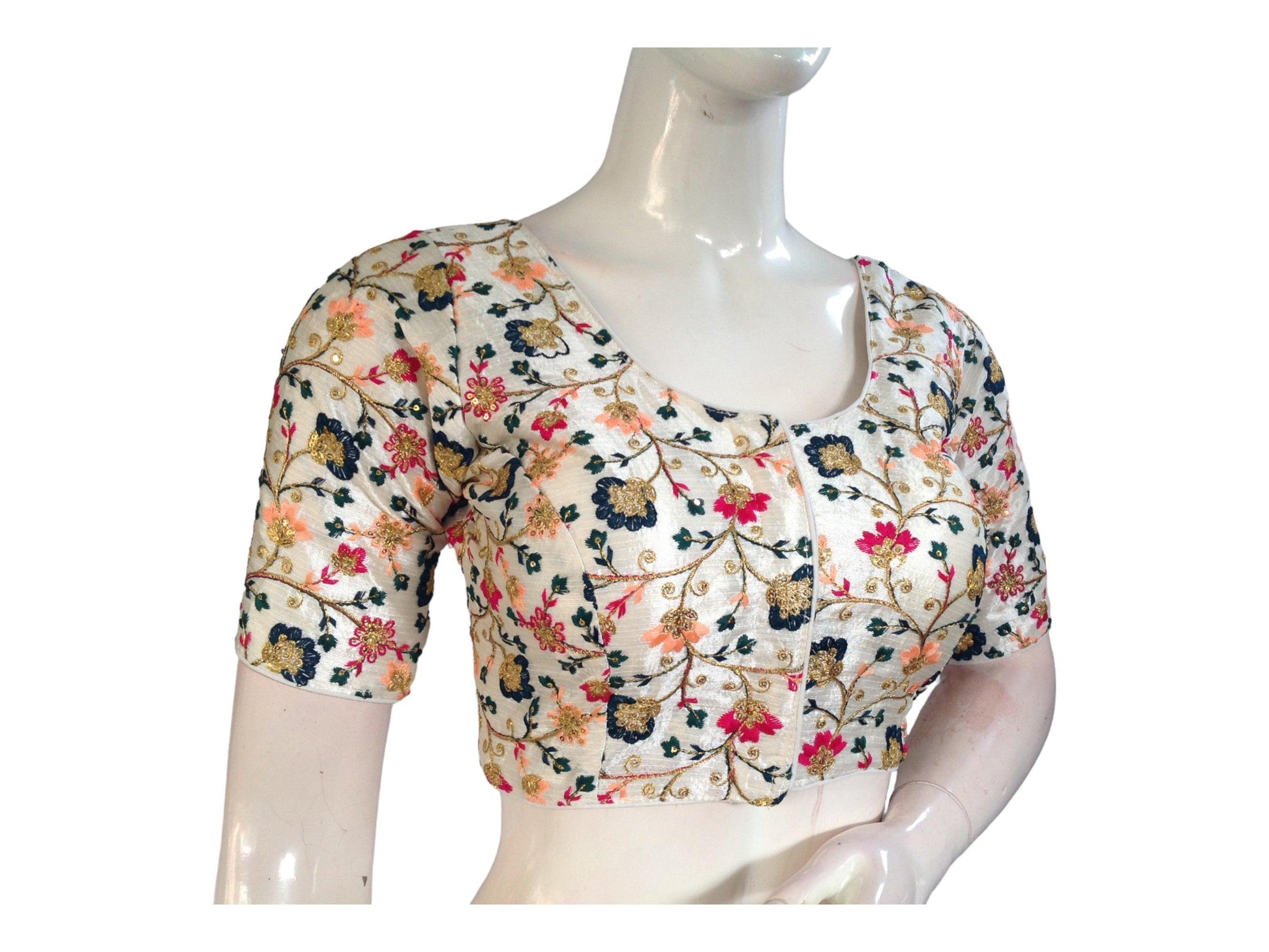 Off White Silk Designer Floral Embroidery Saree Blouse - D3blouses