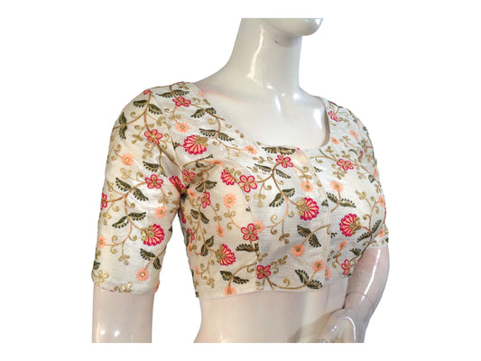 Off White Color Semi Silk Designer Floral Embroidery Saree Readymade Blouse