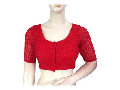 Red Color Chikankari Embroided Sequins Readymade Saree Blouse