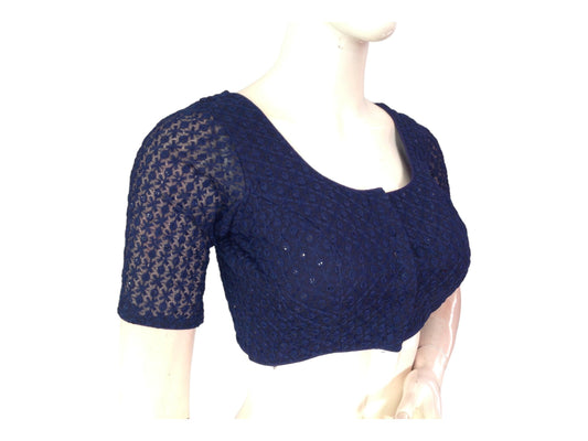 Navy Blue Color Chikankari Embroided Sequins Readymade Saree Blouse - D3blouses