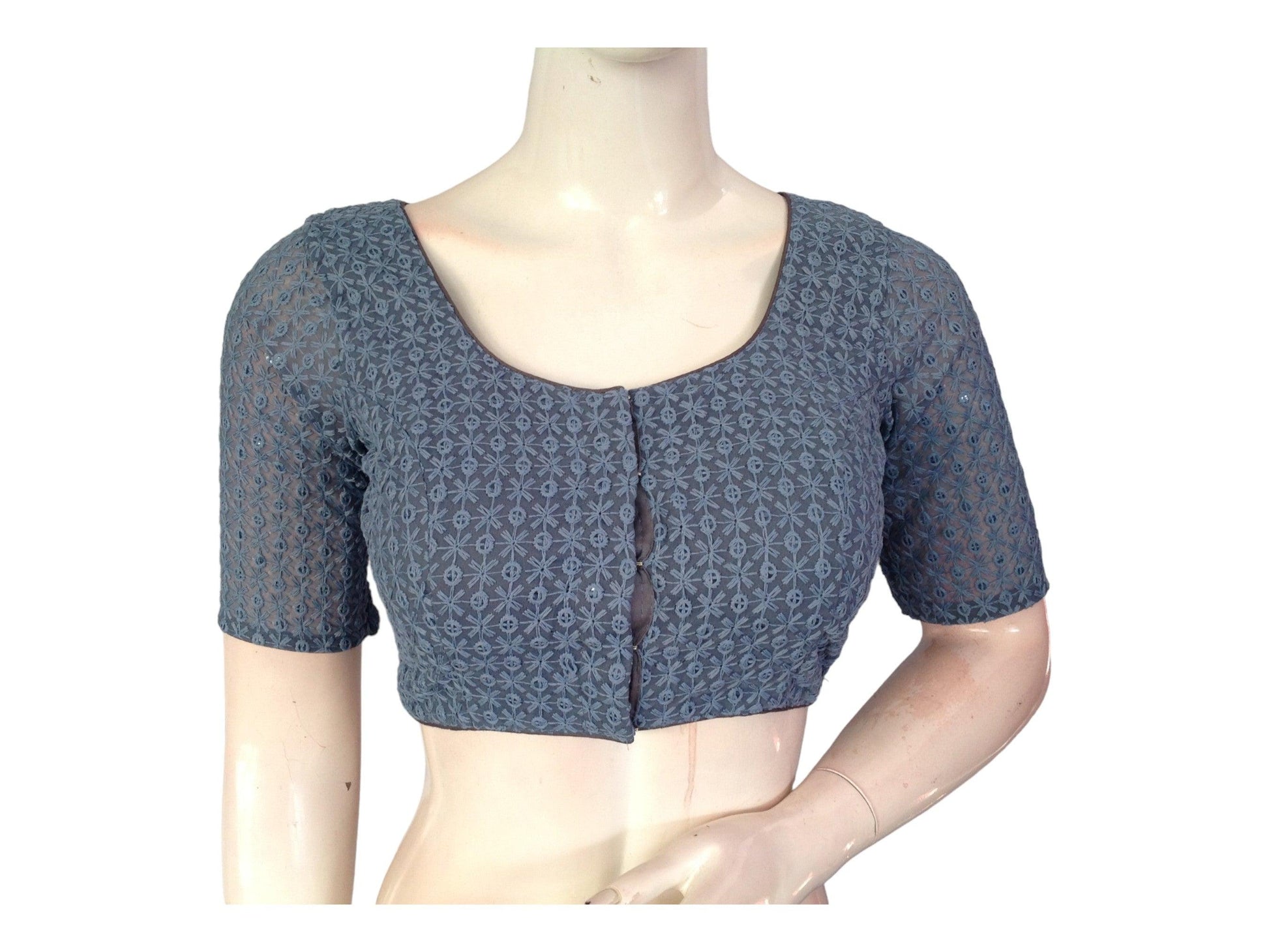 Grey Color Chikankari Embroided Sequins Readymade Saree Blouse - D3blouses