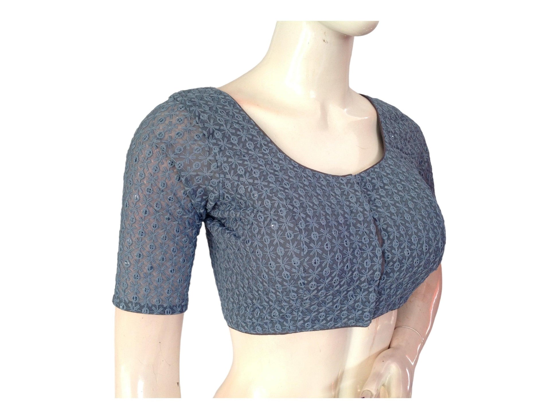 Grey Color Chikankari Embroided Sequins Readymade Saree Blouse - D3blouses