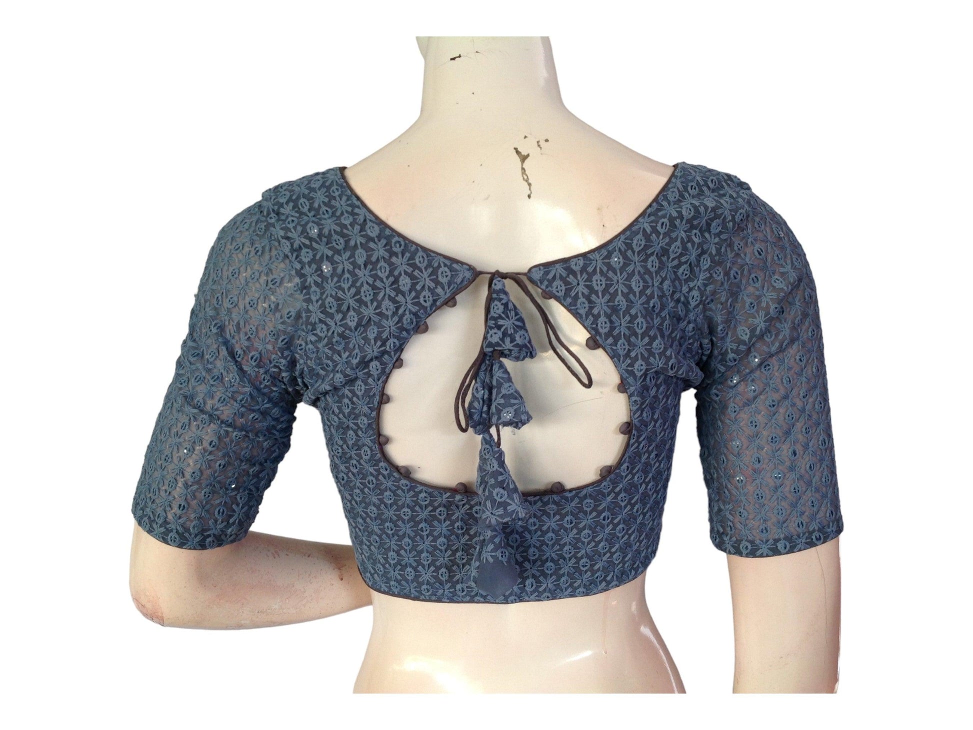 Grey Color Chikankari Embroided Sequins Readymade Saree Blouse - D3blouses