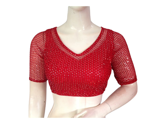 Red Color  Netted Embroidery  Sequins Readymade Saree Blouse, Indian Designer Choli top