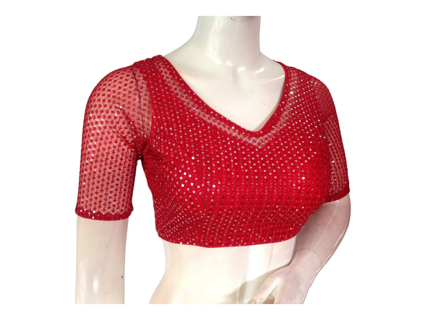 Red Color  Netted Embroidery  Sequins Readymade Saree Blouse, Indian Designer Choli top