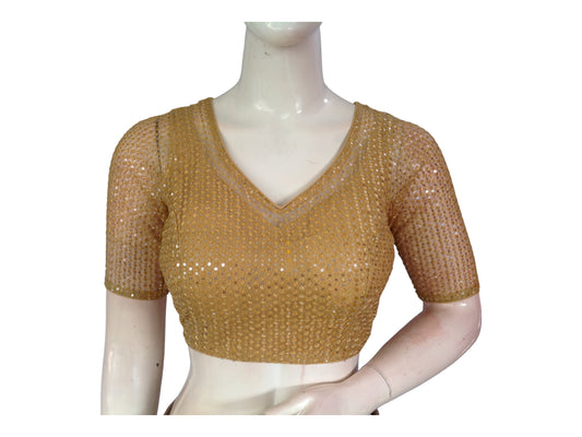 Gold Color Netted Embroidery Sequins Readymade Saree Blouse, Indian Designer Choli top