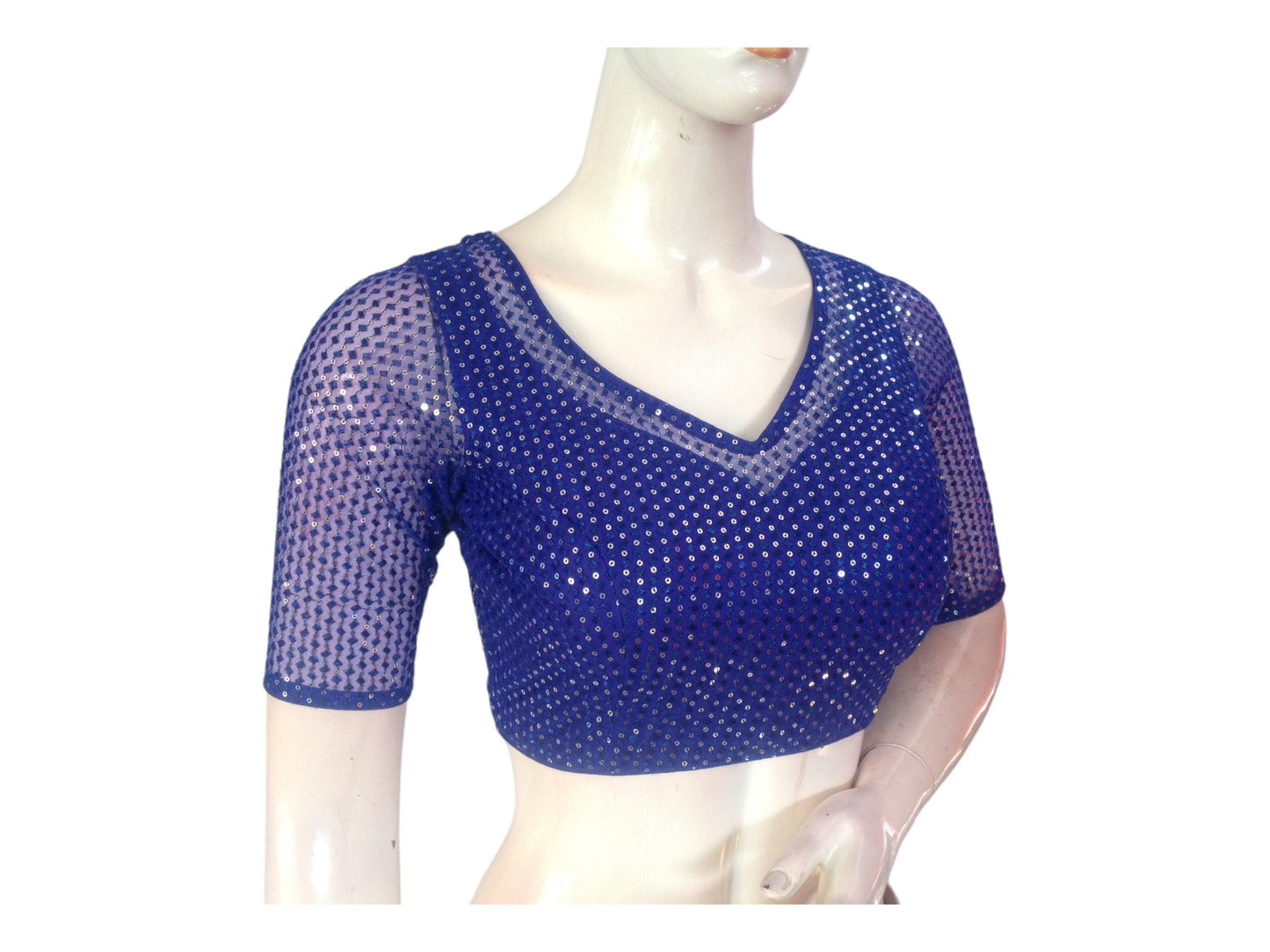 Royal Blue Color Netted Embroidery Sequins Readymade Saree Blouse, Indian Designer Choli top