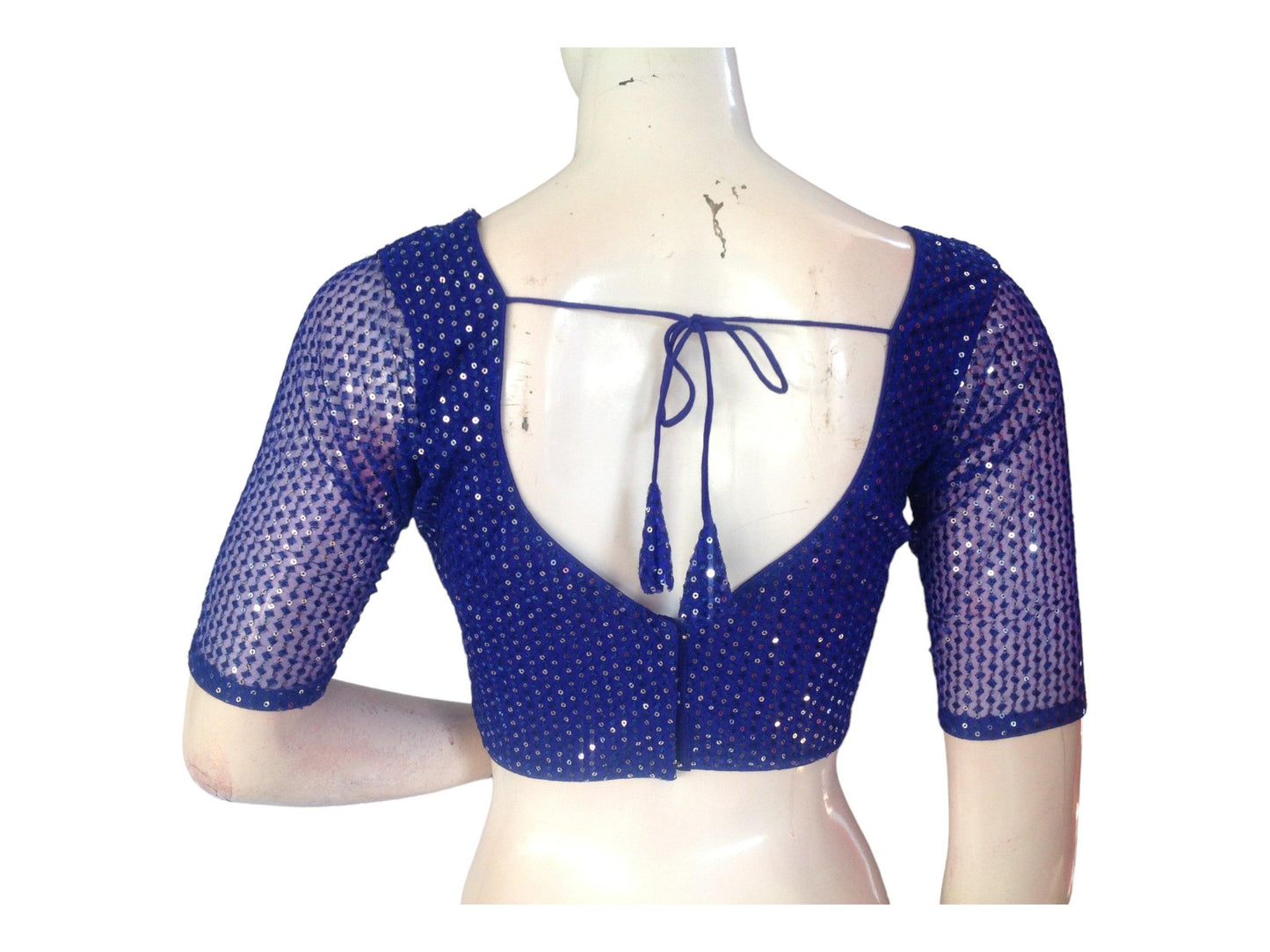 Royal Blue Color Netted Embroidery Sequins Readymade Saree Blouse, Indian Designer Choli top