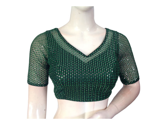 Dark Green Color Netted Embroidery Sequins Readymade Saree Blouse, Indian Designer Choli top