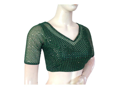 Dark Green Color Netted Embroidery Sequins Readymade Saree Blouse, Indian Designer Choli top