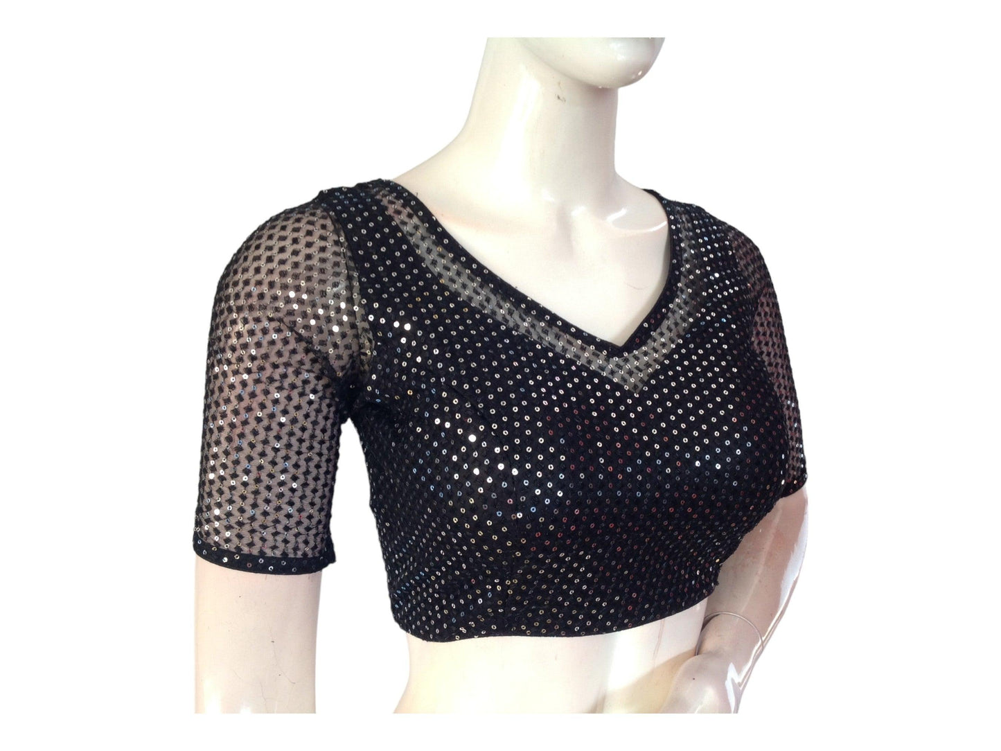 Black Color Netted Embroidery Sequins Readymade Saree Blouse, Indian Designer Choli top