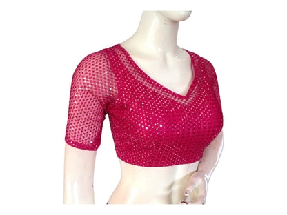 Pink Color Netted Embroidery Sequins Readymade Saree Blouse, Indian Designer Choli top