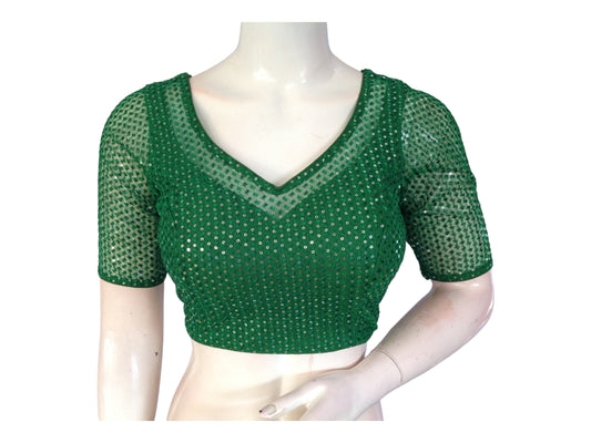 Green Color Netted Embroidery Sequins Readymade Saree Blouse, Indian Designer Choli top