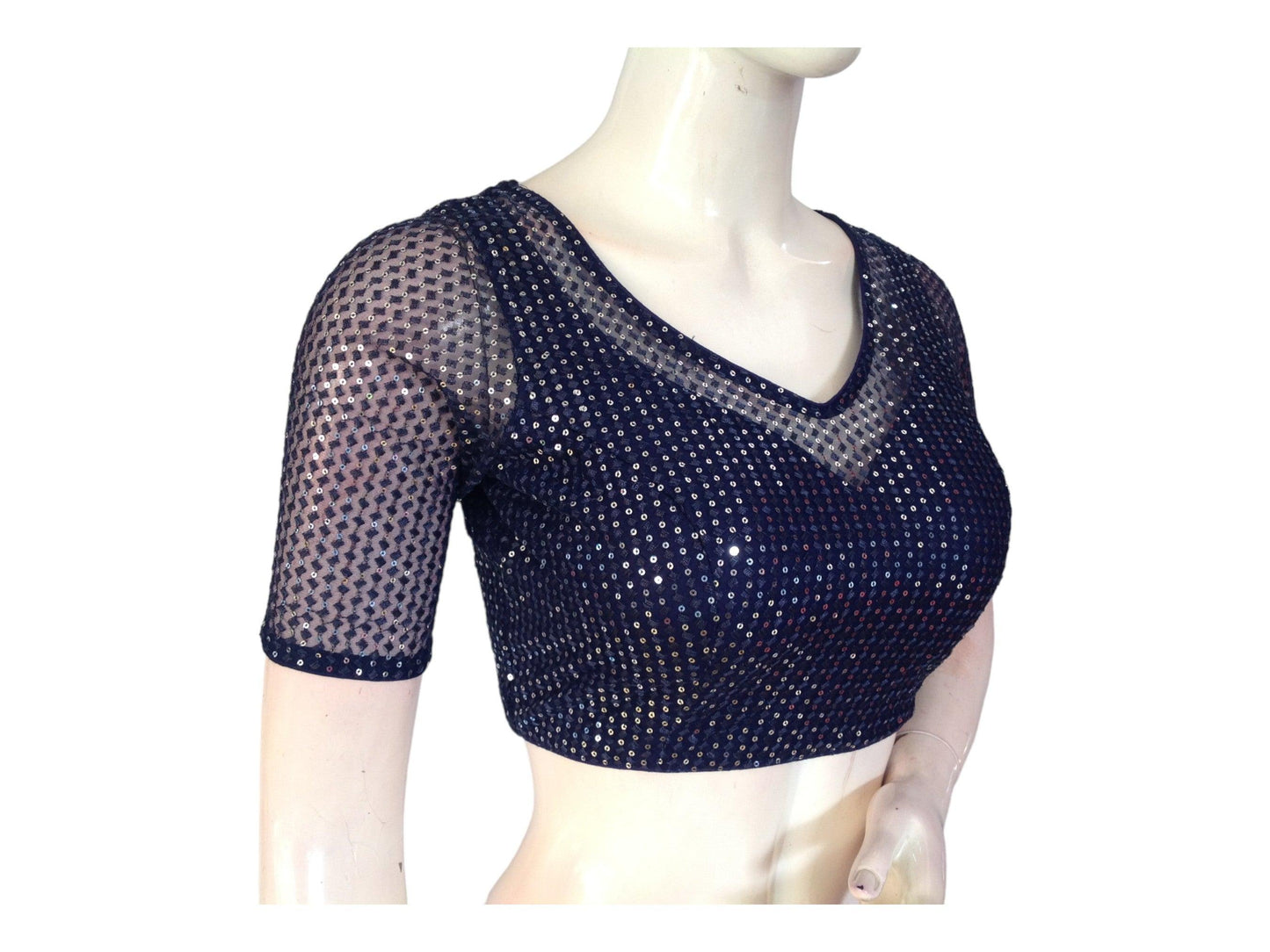 Navy Blue Color Netted Embroidery Sequins Readymade Saree Blouse, Indian Designer Choli top