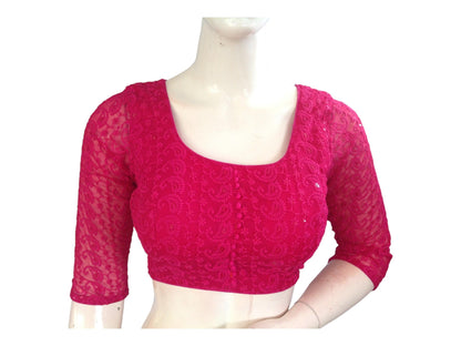 Light Magenta Color 3/4th Sleeves Chikankari Embroided Sequins Readymade Saree Blouse